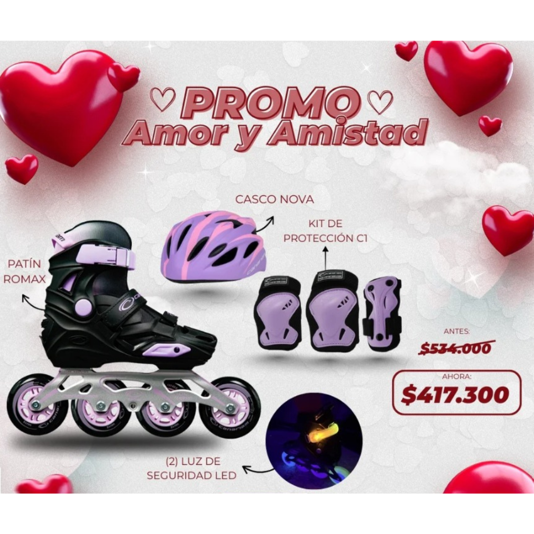 Promo: Patines Romax + Kit de Protección C1 + Casco Nova + 2 Luz Led de Seguridad