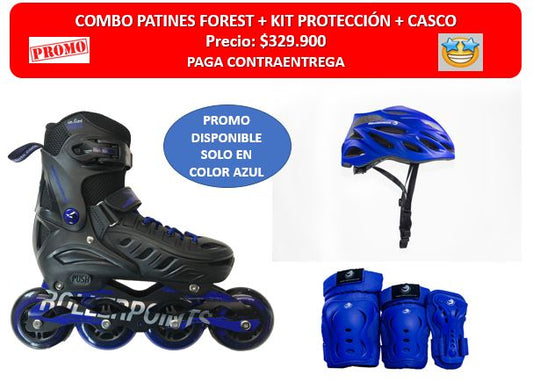 COMBO PATINAJE ROLLER POINTS AZUL (PATINES + PROTECCIONES + CASCO)